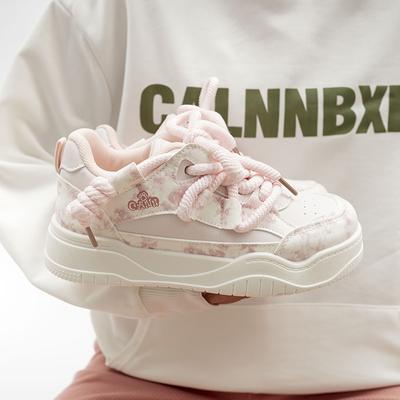 Adidași de nișă cu talpă groasă, design cu imprimeu și vopsire, pantofi de damă cu vârf rotund, pantofi albi, modă universală, pantofi tip pâine