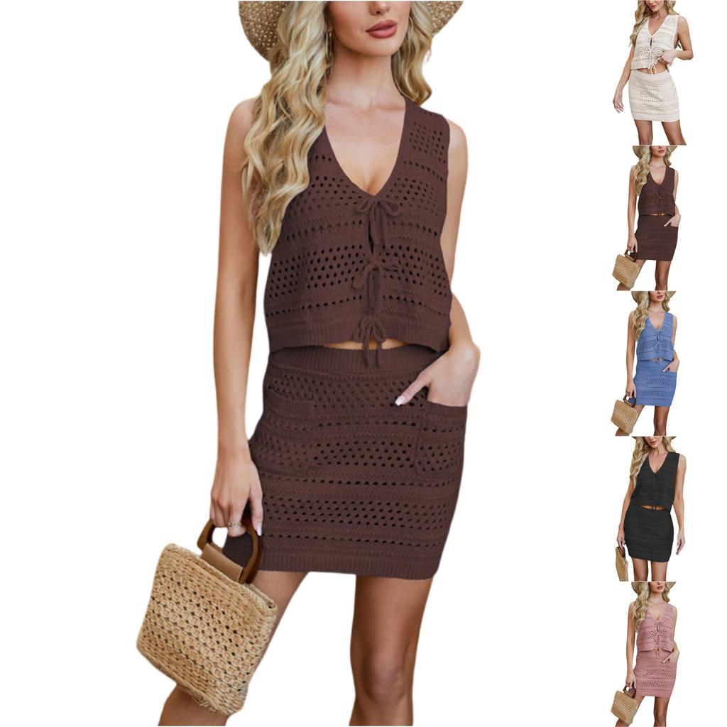 Fashionable Ladies Lace-up V-neck Vest Knitted Shorts Set