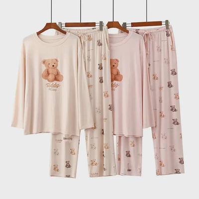 GP Damen-Pyjama-Set mit lockerem Rundhalsausschnitt und Cartoon-Teddybär – langärmliges Oberteil und Hose für Frühling, Herbst und Winter 2024.