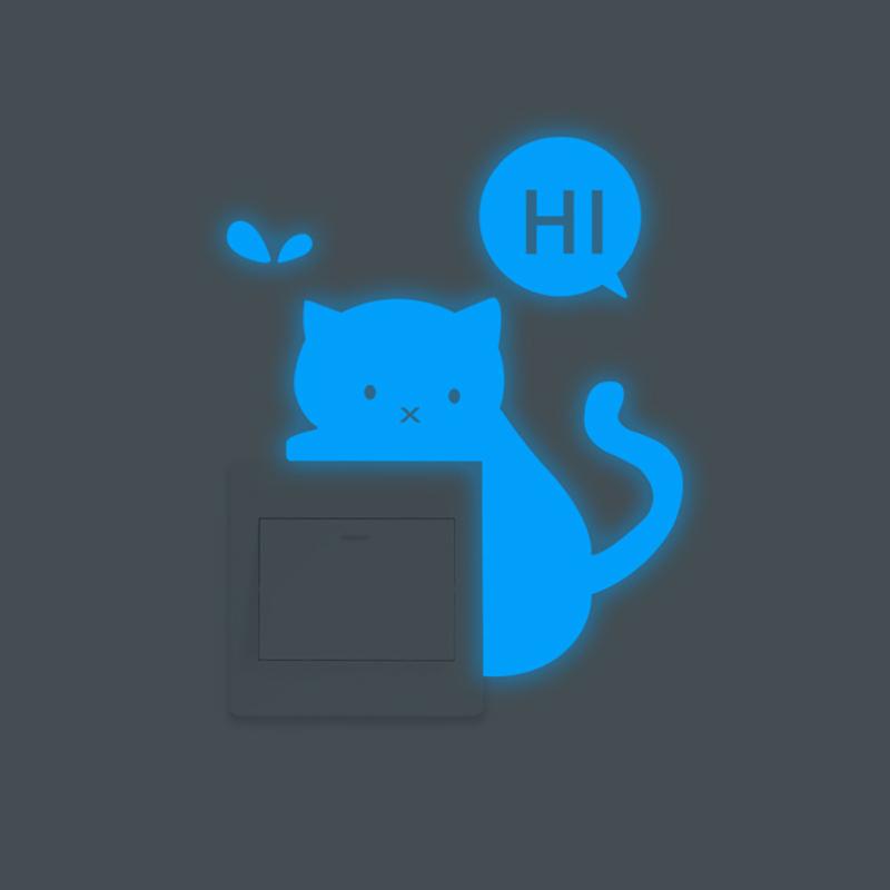 Luminous Switch Stickers Cartoon Hi Cat Wall Stickers Glow In The Dark For Children Room Living Room