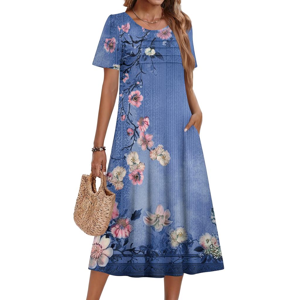 Ladies' Floral Printed Casual And Fashionable Short Sleeved Round Neck Dress