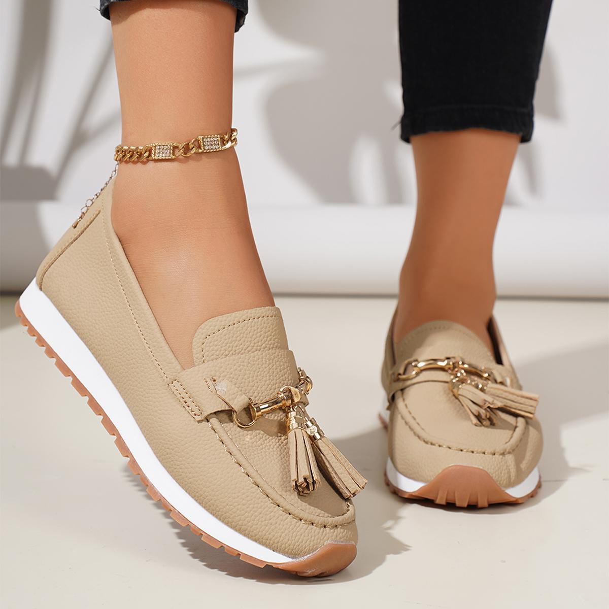 

Мода Мода Кисточки Украшение Слипоны Лоферы Женские 2025 Лето Круглый Носок Танкетка Низкий Каблук Туфли Мягкая Подошва Нескользящая Повседневная Обувь 36 хаки