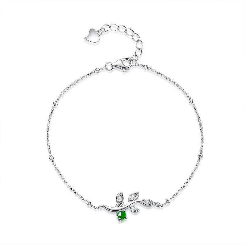 

Natural high-quality jadeite leaf bracelet S925 sterling silver inlaid fresh and sweet fashion versatile jewelry 925 silver