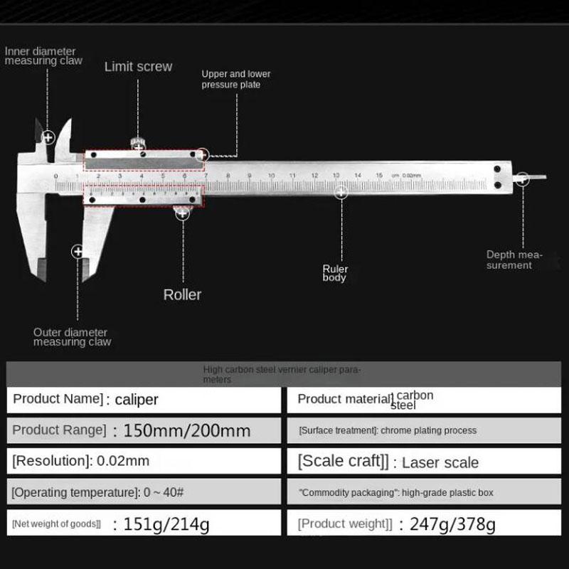 Professioneller Industrieller Messschieber Kohlenstoffstahl Präzisionsmessung Vierfachnutzung Präzisionsmetrisches Messwerkzeug Neu