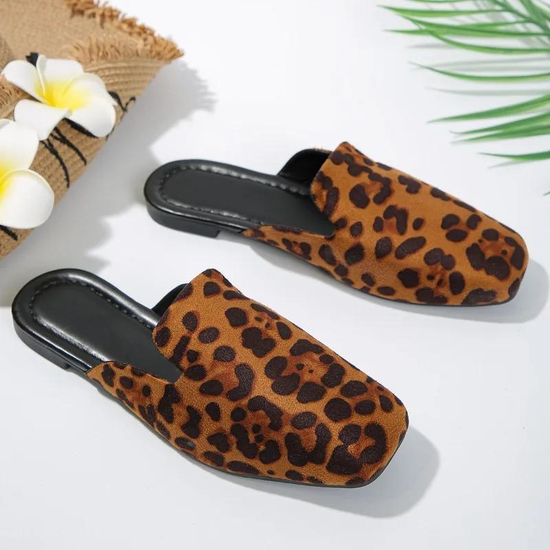 Fashion Leopard Women Mules Shoes Slippers Flats Suede Summer Square Toe Designer Outdoor Slingback Sandals Zapatos Mujer Slides