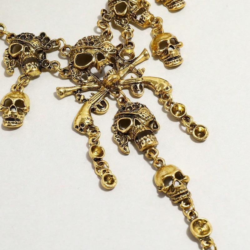 1pc Punk Retro Skull Necklace & 2pcs Earrings Halloween Party Exaggerated Jewelry Set for Women