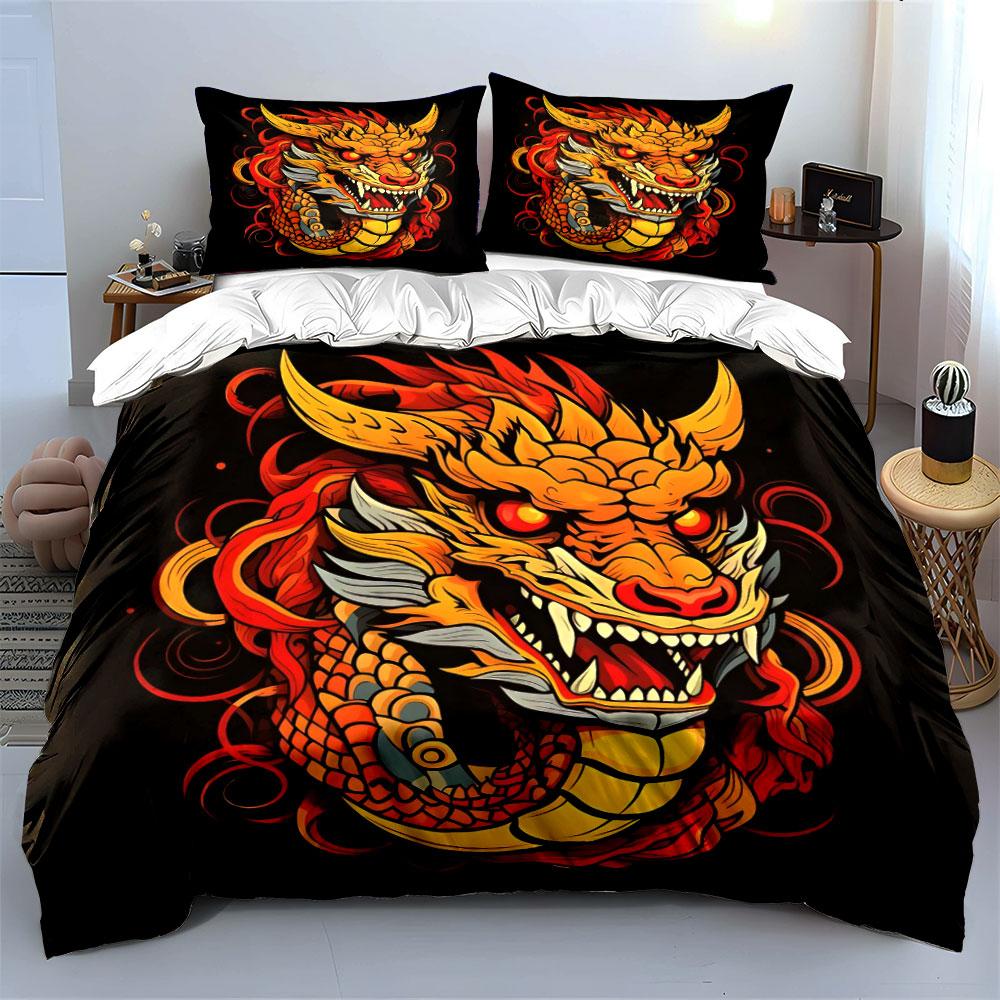 3Pcs Fiery Red Chinese Dragon Head Duvet Cover Set Black Base New Year Lucky Bedding Single Double King Queen Gift