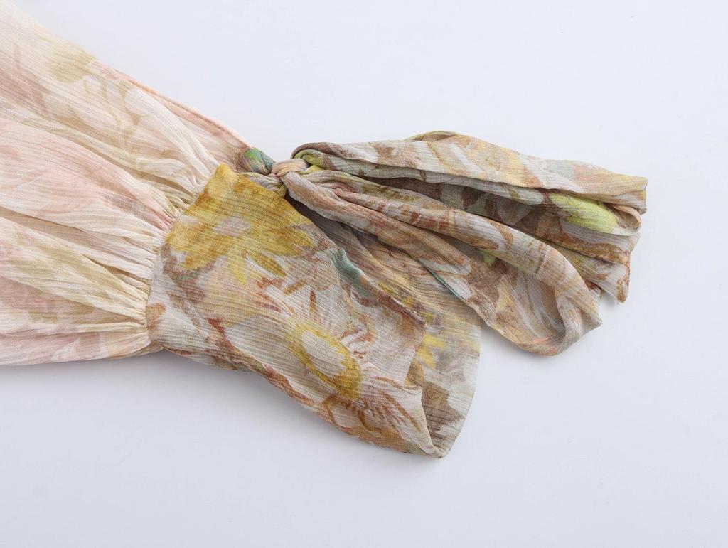 Spring Women's V-Neck Ruffle Print Chiffon Blouse with Long Sleeves