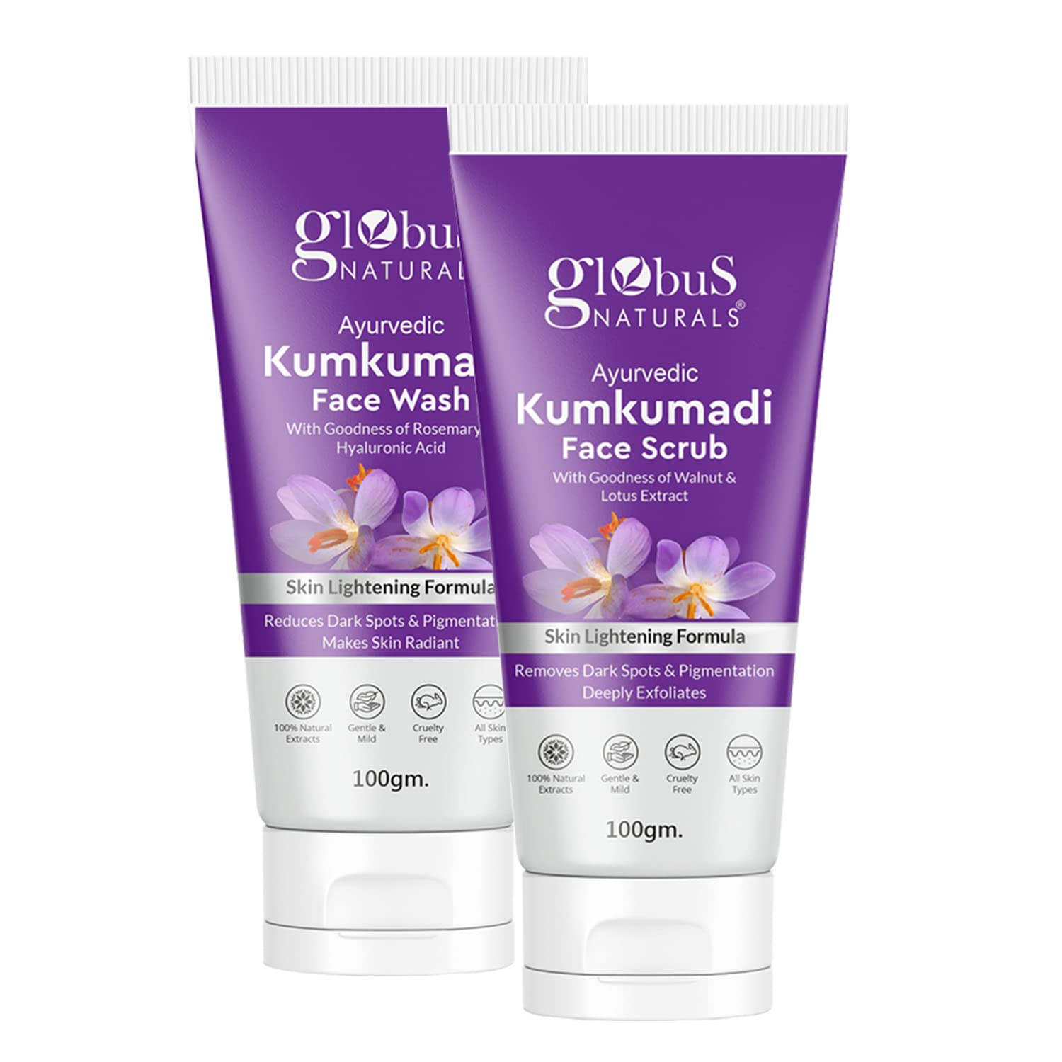 Globus Naturals Комбо для осветления кожи Kumkumadi, Набор из 2 шт., Очищающее средство для умывания лица и Скраб для лица