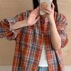 Retro Plaid Shirt Plain Tops Spring Autumn Lapel Long Sleeve Shirts Women Chic Loose Blouse Asian Size