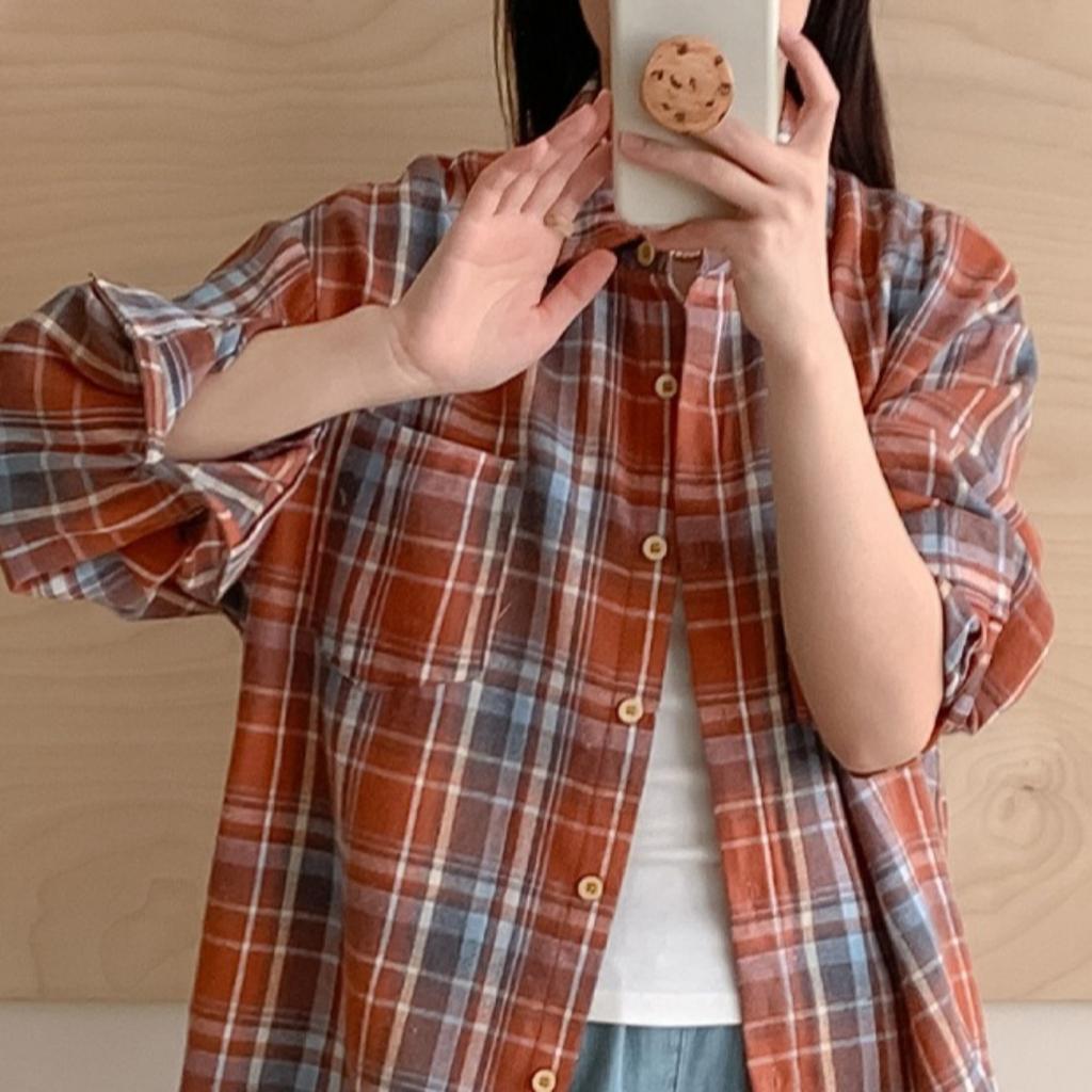 Retro Plaid Shirt Plain Tops Spring Autumn Lapel Long Sleeve Shirts Women Chic Loose Blouse Asian Size