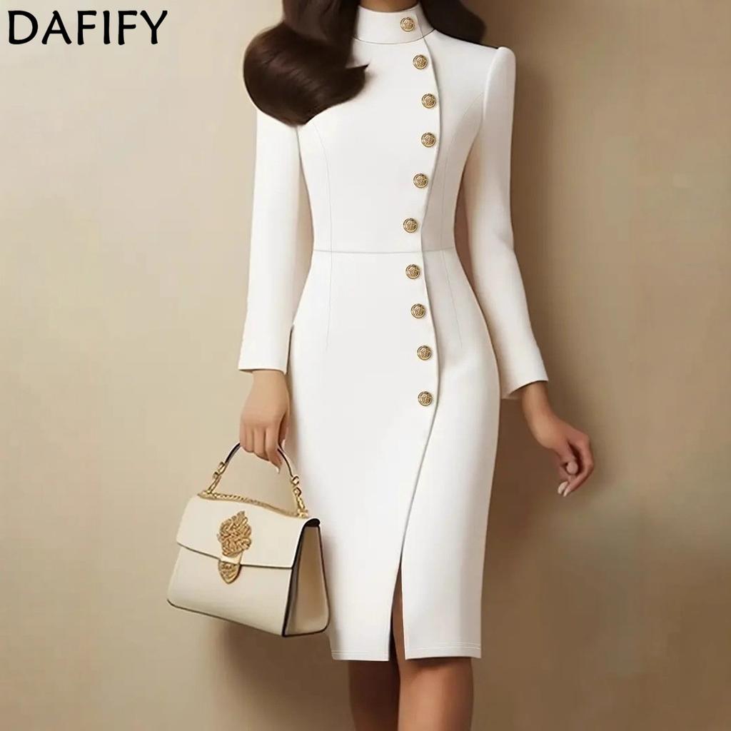 DAFIFY Women's Fashion Spring Fall Solid Color Print Long Sleeve Stand-Neck High Waist Casual Dresses