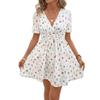 2026 New Women Summer Mini Dress Short Sleeve Flower Print Boho Dress Sexy V-Neck High Waist A-Line Dress Commuting Clothes