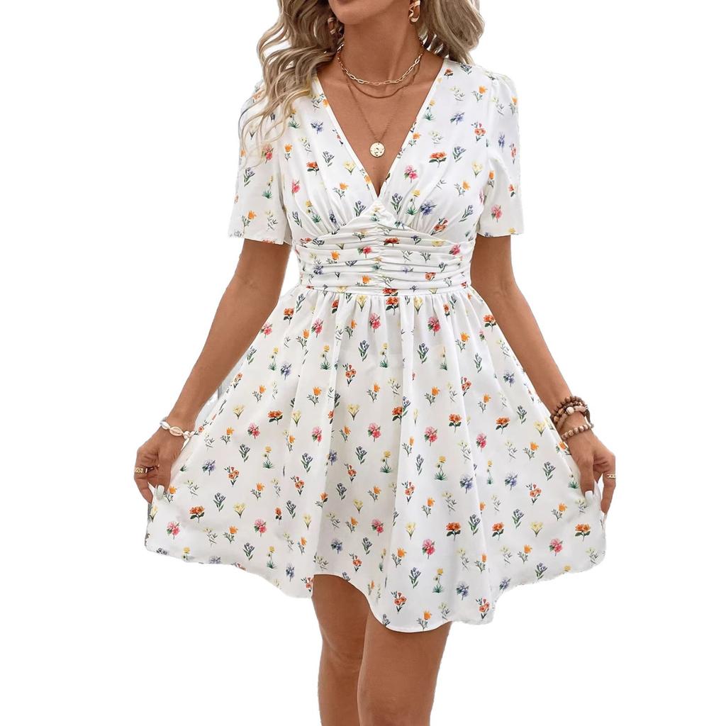 2026 New Women Summer Mini Dress Short Sleeve Flower Print Boho Dress Sexy V-Neck High Waist A-Line Dress Commuting Clothes