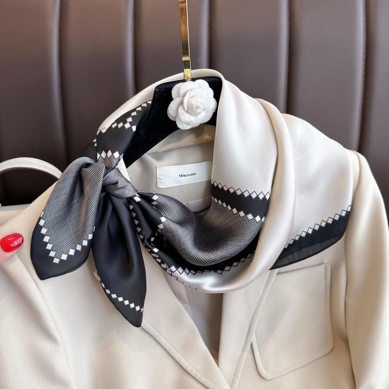 Women Silk Black White Simple Square Scarf Luxury  Female Beach Stoles Echarpe Satin Headband Shawl Wraps Decorat Bandana