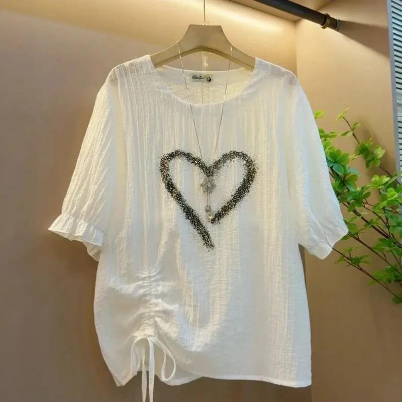 Summer Women's Blouse Heart Rhinestone Crew Neck 3/4 Ruffle Sleeve Ruched Side Loose Fit Tops