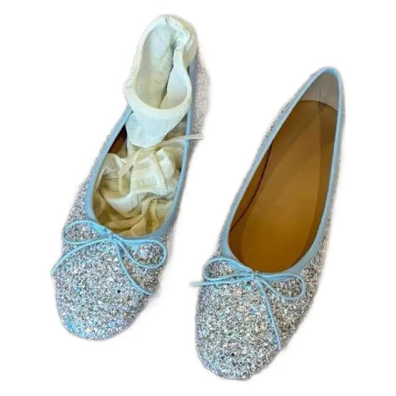 Sheepskin Version~ French Bow Silver Glitter Ballet Light Mouth Single Shoes Women's Versatile Round Head Mary Jane Flats
