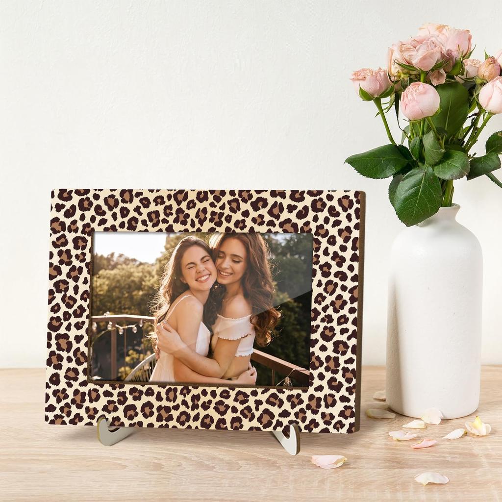 Leopard Print Picture Frames, Decorative Wood Photo Frames Birthday Gifts for Sister Women Girls Mom Daughter Tabletop Display 4x6 Photo Living Room