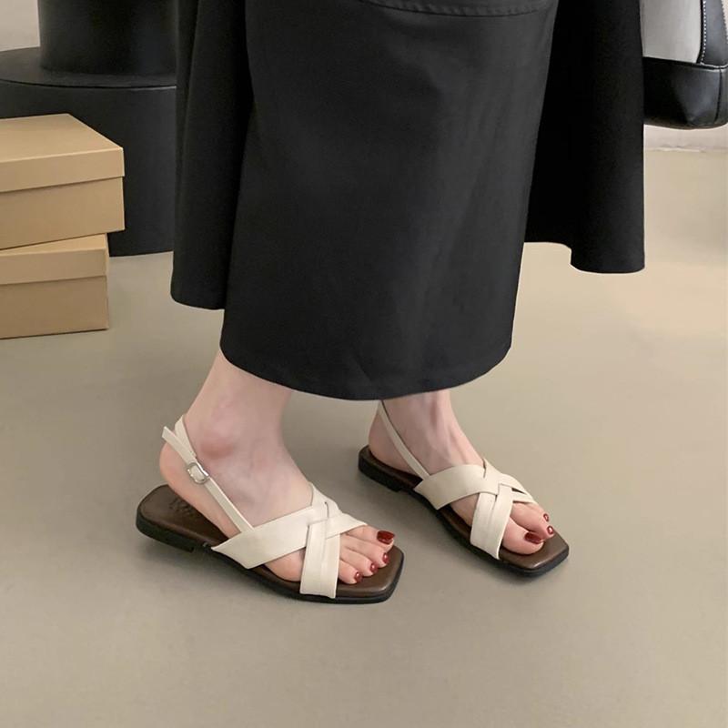 Roman Flat Sandals For Women Summer Vintage Pu Leather Beach Shoes With Buckle Strap