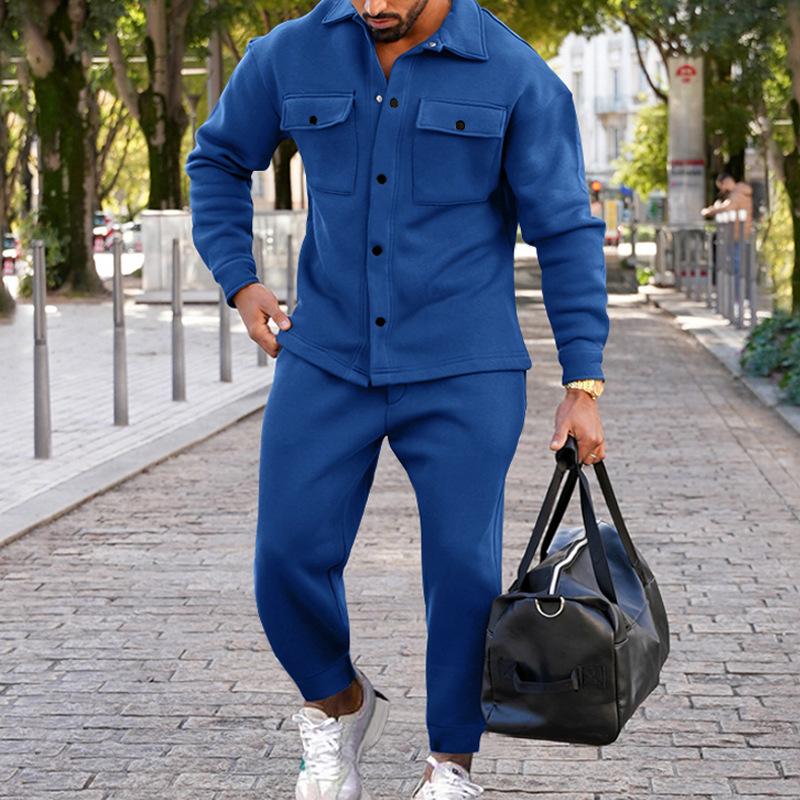 Set Giacca Casual da Uomo a Due Tasche con Pantaloni con Risvolto, Tuta Abbinata per l'Outdoor