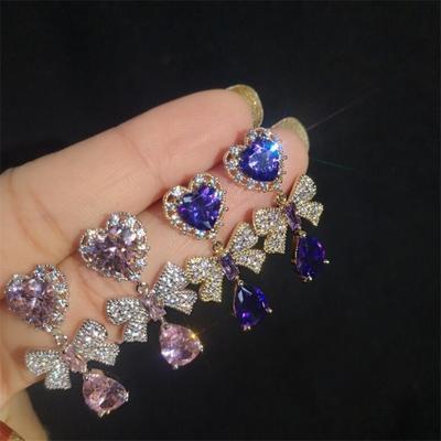 2020 neue Ankunft Top Verkauf Luxus Süße Nette Schmuck 925 Sterling Silber Herz Form Sapphire Frauen Hochzeit Bogen Ohrring