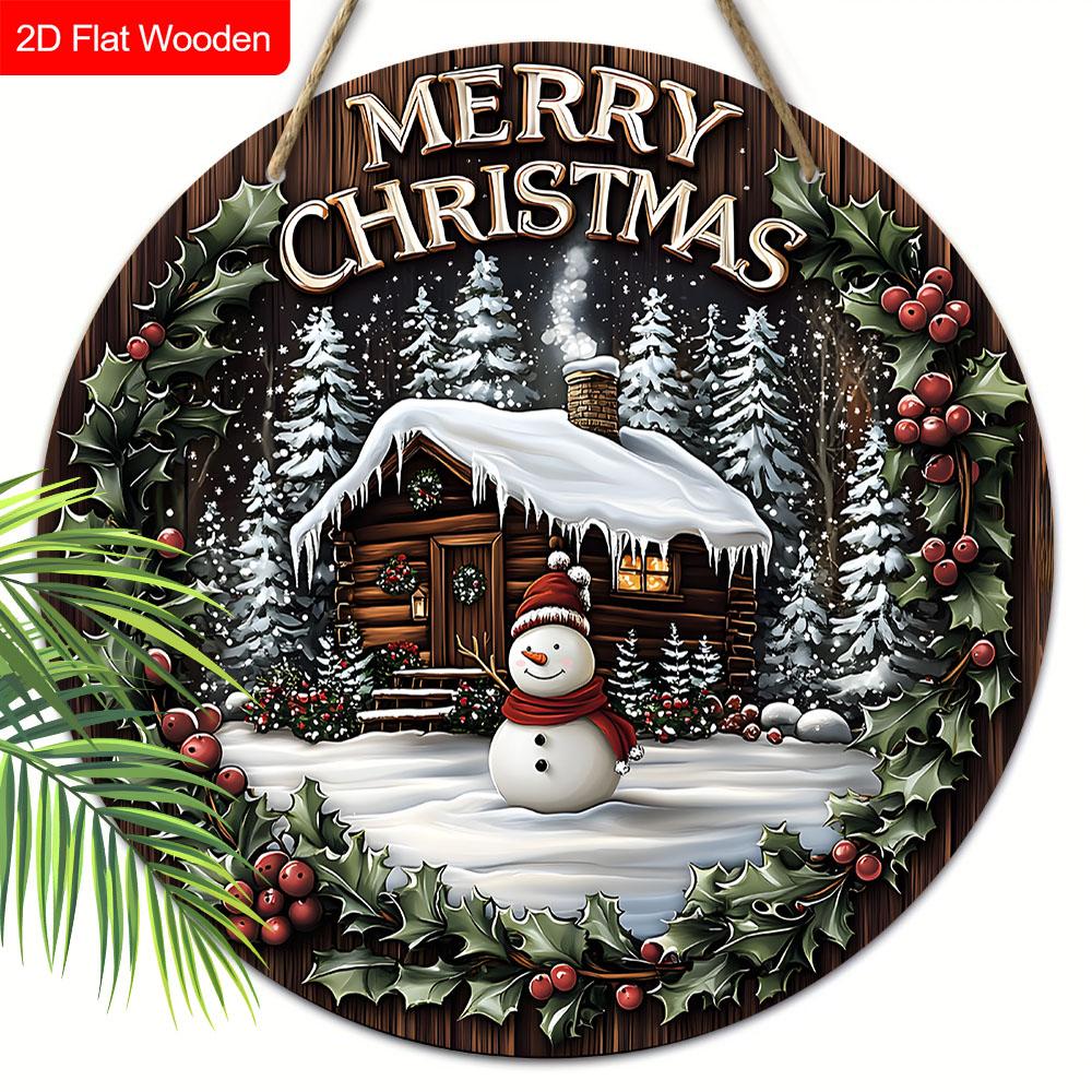 Warm Winter Wooden Christmas Sign with  Snow House & Snowman Pattern - Navidad Round Sign for Front Door Wall Hanging Decor - Ideal Christmas Gift