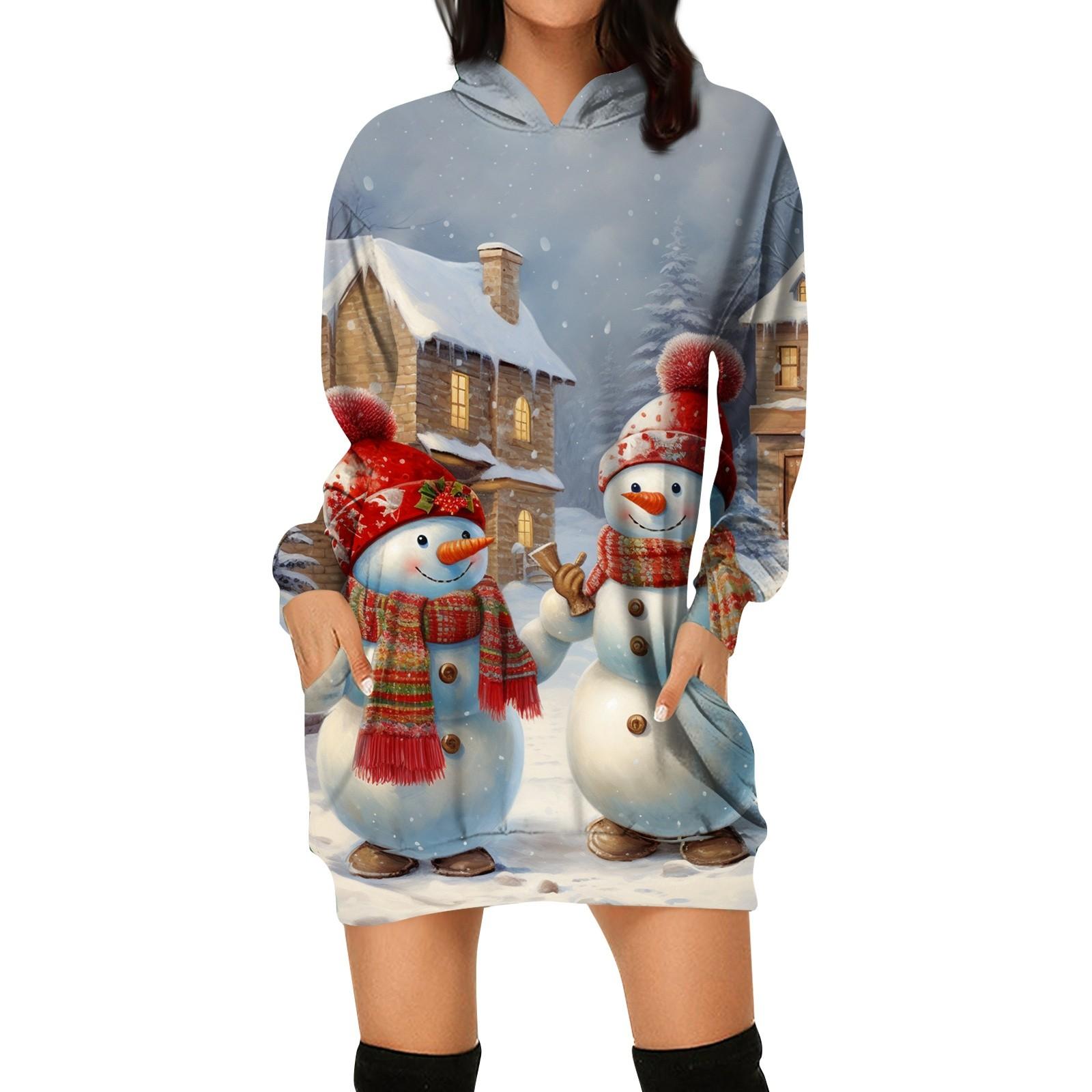 

Женские зимние платья Модные женские рождественские принты Письменный принт Карманы с капюшоном Платье-толстовка XXL