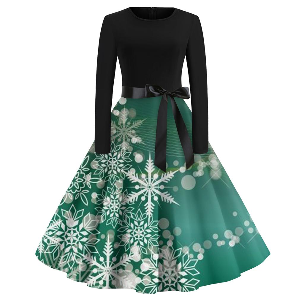Dámská ležérní móda Vánoční potisk sněhových vloček Šaty s dlouhým rukávem Výstřih Party Neformální šaty s kulatým výstřihem
