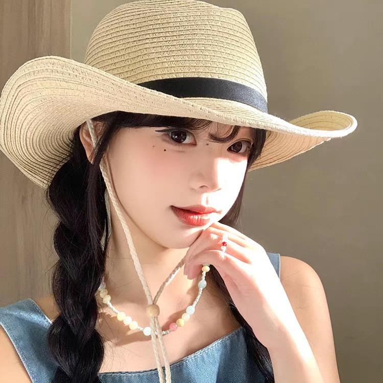 Western-style cowboy straw hat for men and women, summer Korean version, simple straw woven seaside sun protection hat
