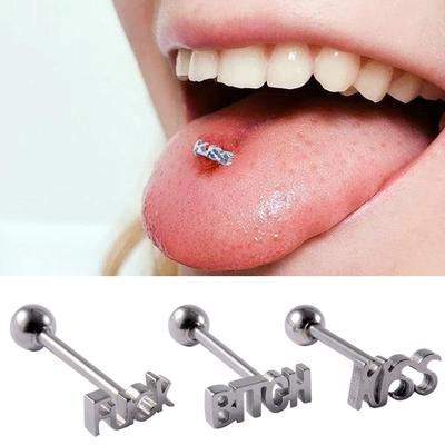 2 pièces Style Punk en acier chirurgical sculpté mauvais mot 14G barre d'haltère anneau de langue Stud Piercing bijoux de corps