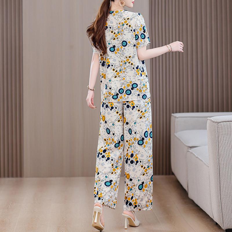 Eleganta 2-delade Set för Kvinnor Plus Size Löst Vintage Tryck Hög Midja Byxset Sommar Casual Kläder för Medelålders Kvinnor