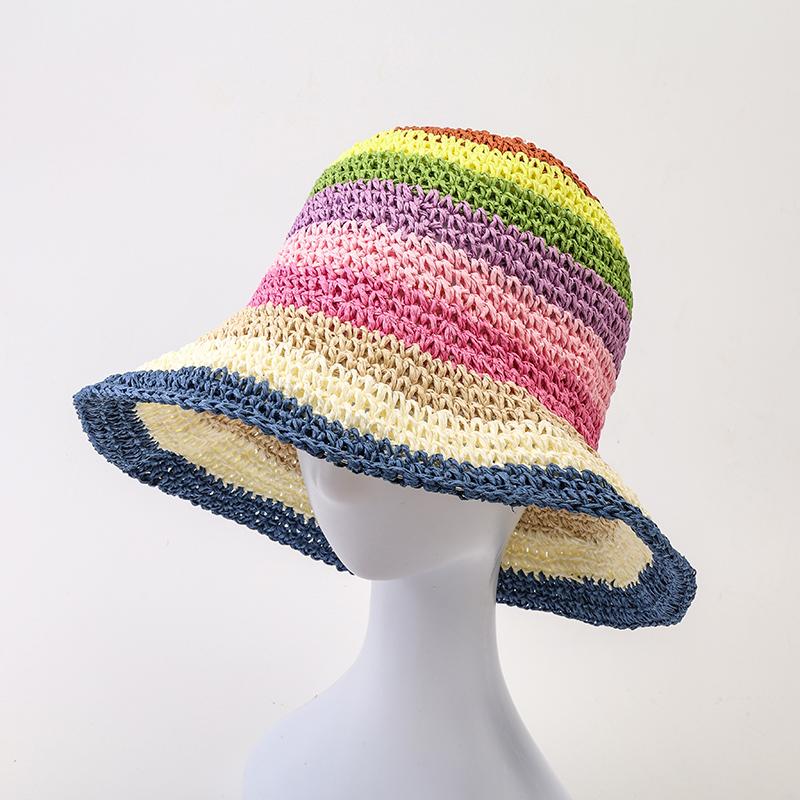 Rainbow Striped Crochet  Bucket Hat  Breathable Straw Beach Hat Handmade  Sun Hat   Women