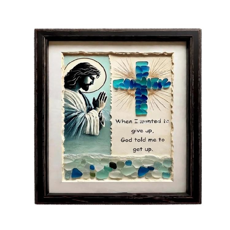 

Sea glass Jesuses Crucifix,Handmade Sea Glass Wall Art Wood Framed Religious Wall Decors Religious Christian Gift Unisex