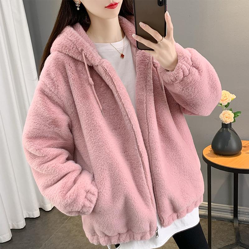 Winter Faux Rabbit Fur Coat Women Mid Length Loose Thick Lamb Wool Hooded Plush Jacket