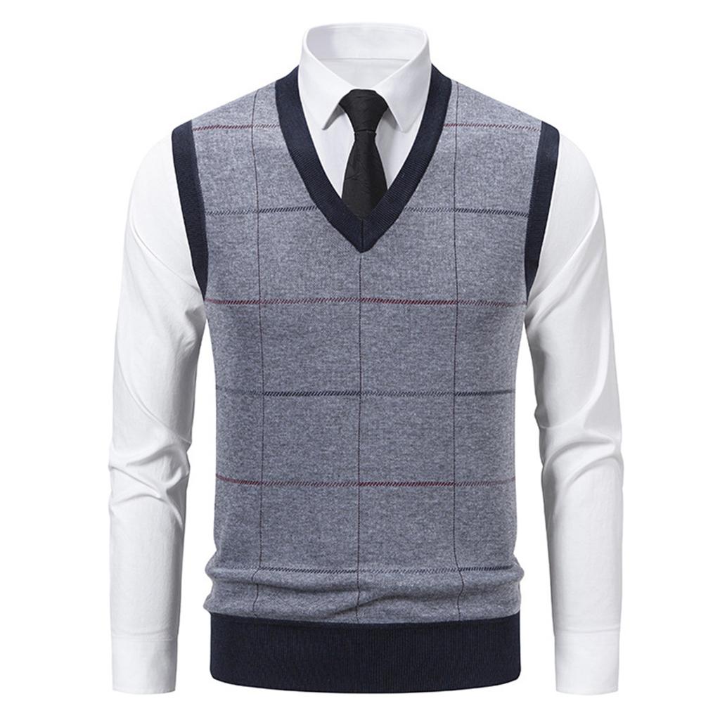 Men's Winter Fleece-Lined Plaid Vest, Pullover, Loose-Fitting Men's Sleeveless Sweater Vest