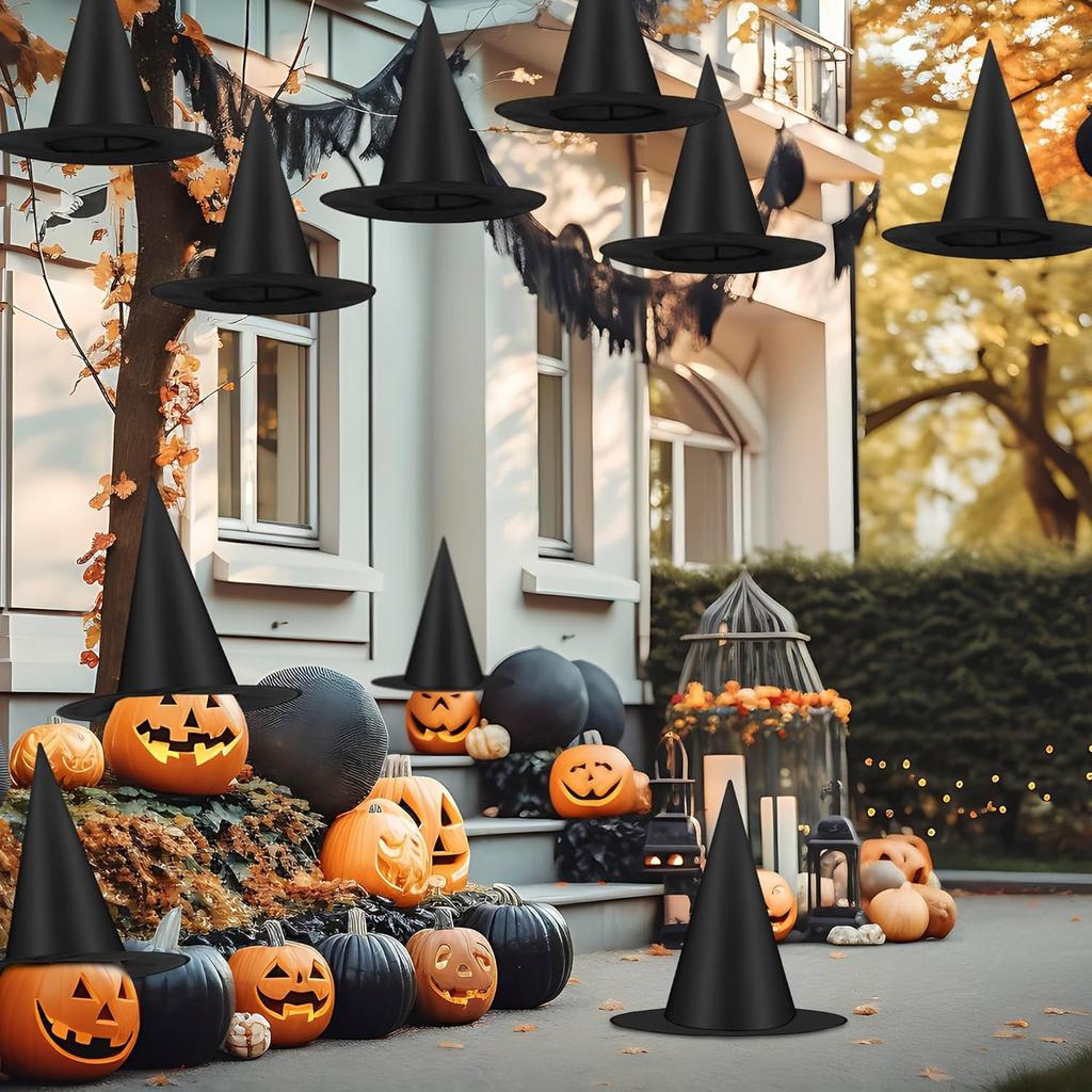 12 Pack Hanging Witch Hats Halloween Decorations Black Polyester Nylon Cord No Electricity Outdoor Home Yard Decor