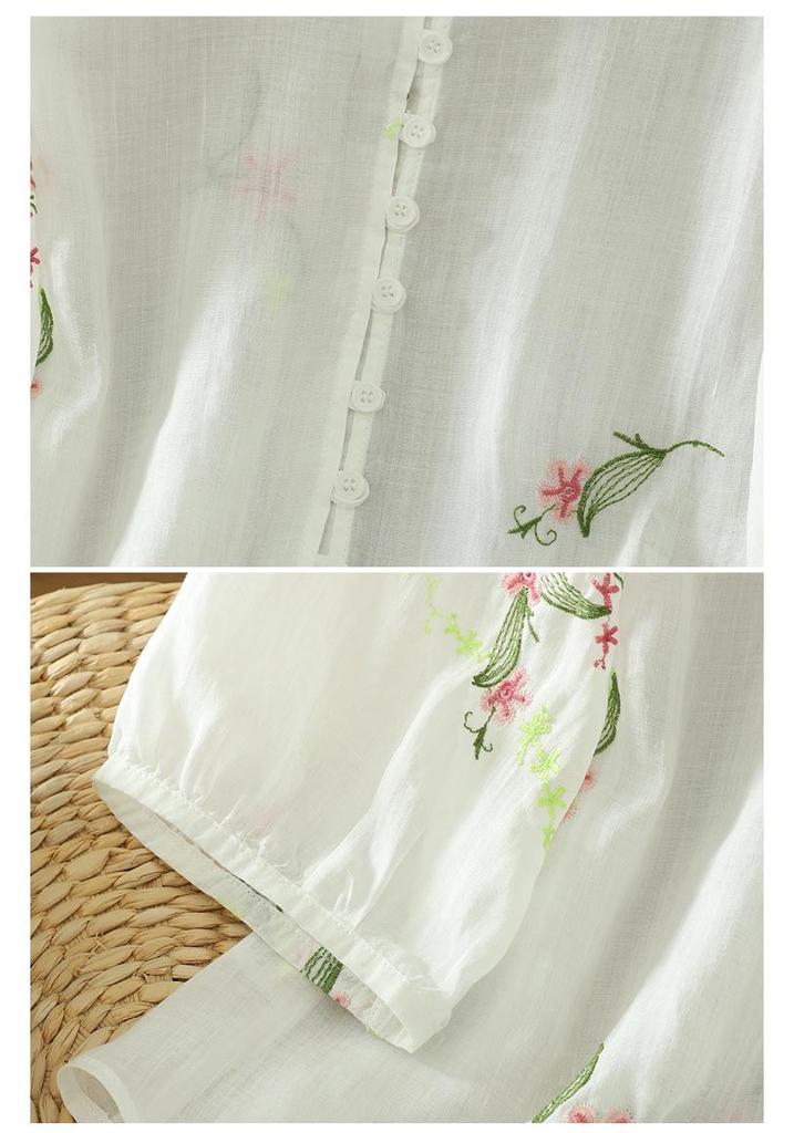Summer 2025 Women’s V-Neck Chinese Embroidery Shirt: Retro, Loose, Slimming Design