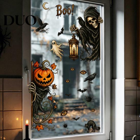 Versatile Holiday Glass Decorations 6Pcs Halloween Window Stickers, Ghost Pumpkin Grim Reaper Wall Decals, Large Decorative Scene Murals