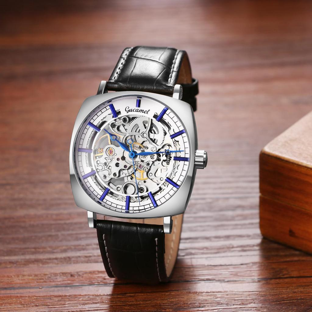 Men's Automatic Watch Genuine Leather Strap Analog Display 3ATM Waterproof Gold Silver Casual Business Fashion Accessory