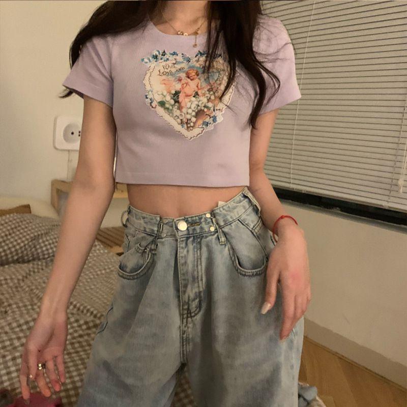 Elegant Angels Aesthetic Vintage T-shirts For Women With 90s Graphic Korean Style