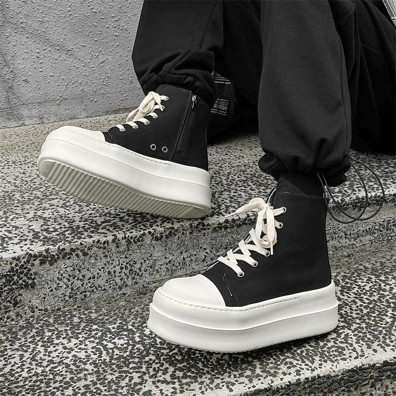 mens casual breathable platform boots lace-up canvas flats shoes cowboy ankle boot street style youth stylish short botas hombre