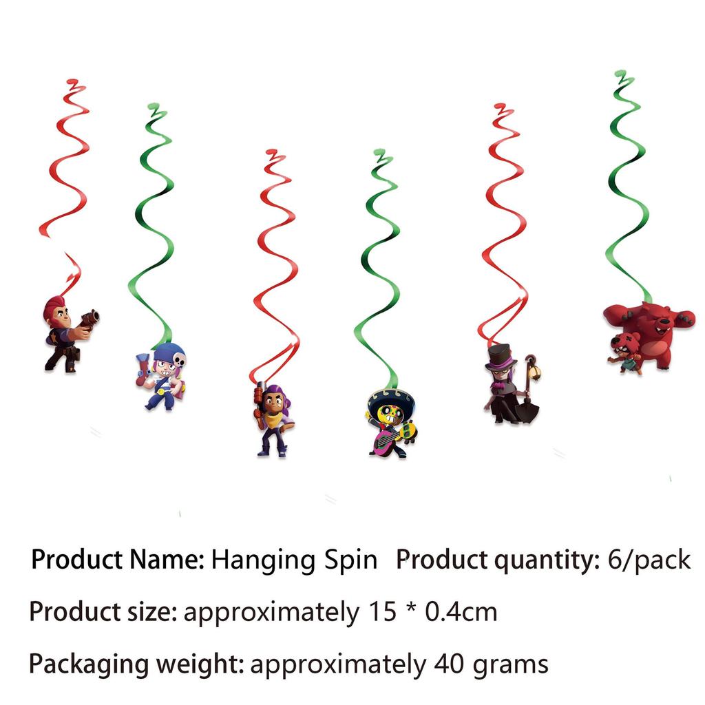 Brawl Stars Theme Party Decorations: Tableware, Banner, Balloons, Flags, and Tablecloth.