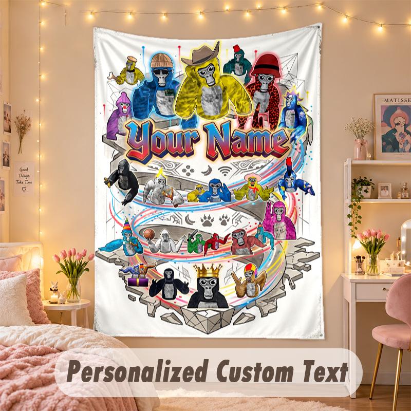 Custom Personalized Tapestry,Gorilla Tag cartoon Print Custom Name Text Wall Art Hanging for Bedroom
