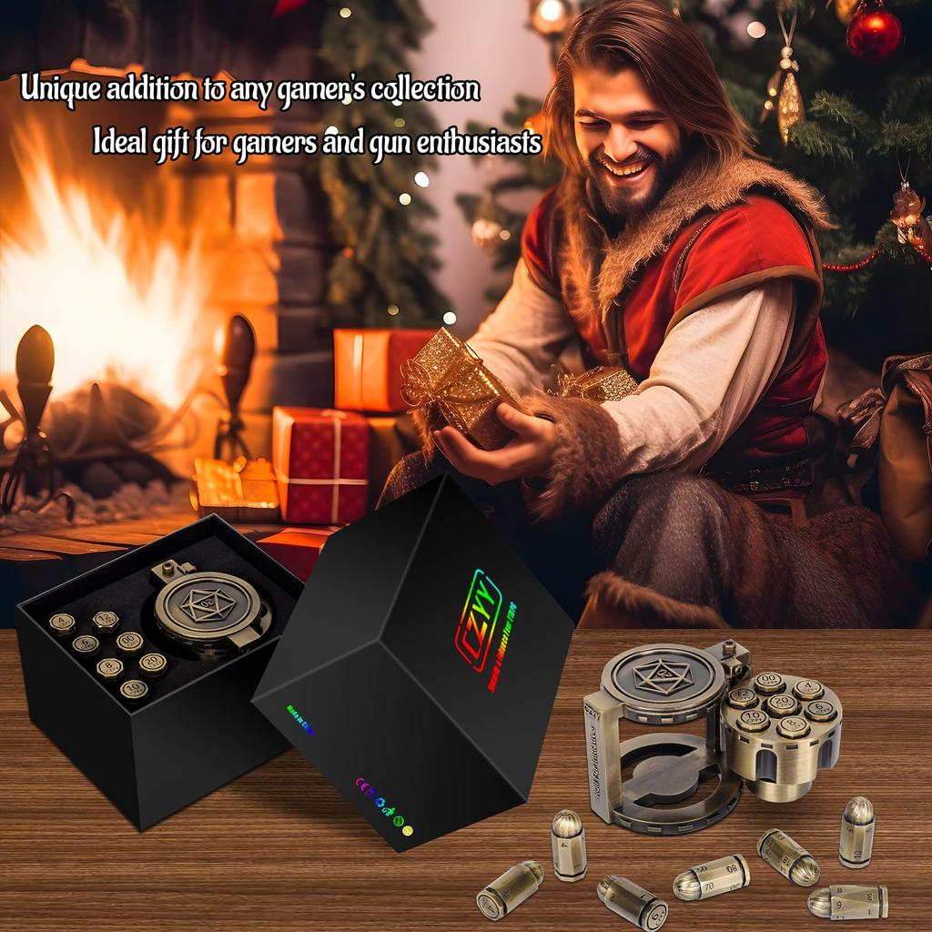 CZYY Set di 7 dadi proiettile poliedrici in metallo con contenitore cilindrico rotante per revolver Dadi in stile cyberpunk per giochi da tavolo a tema Warhammer e crimine