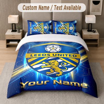 Juego de Cama Personalizado Patrón Leeds United, Imprimir Nombre Texto 1 Funda Nórdica más 2 Fundas de Almohada Textil para el Hogar