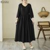 ZANZEA Women V-Neck 3/4 Sleeve Loose Casual Dress