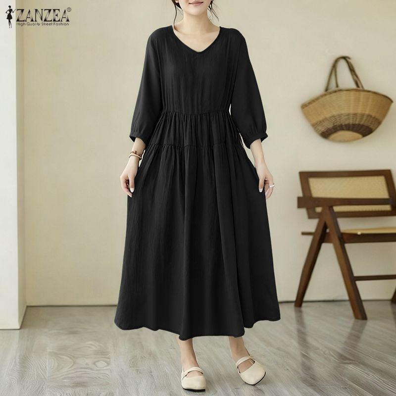 ZANZEA Women V-Neck 3/4 Sleeve Loose Casual Dress