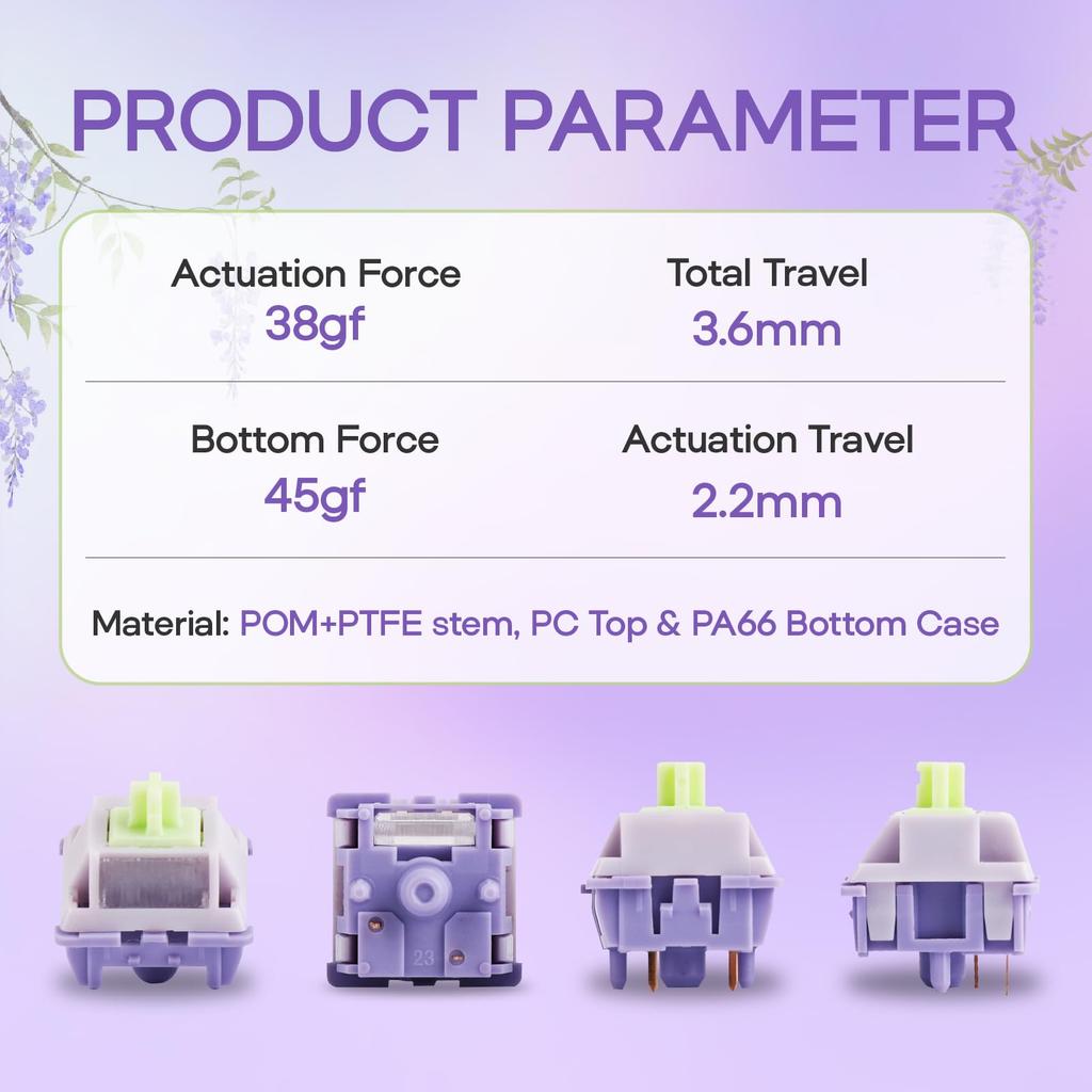 EPOMAKER Wisteria V2 Linear 38gf Keyboard Switch Set with Light Diffuser, Pre-lubricated, 5 Pink Creamy Switches for Mechanical Gaming Keyboards, 35