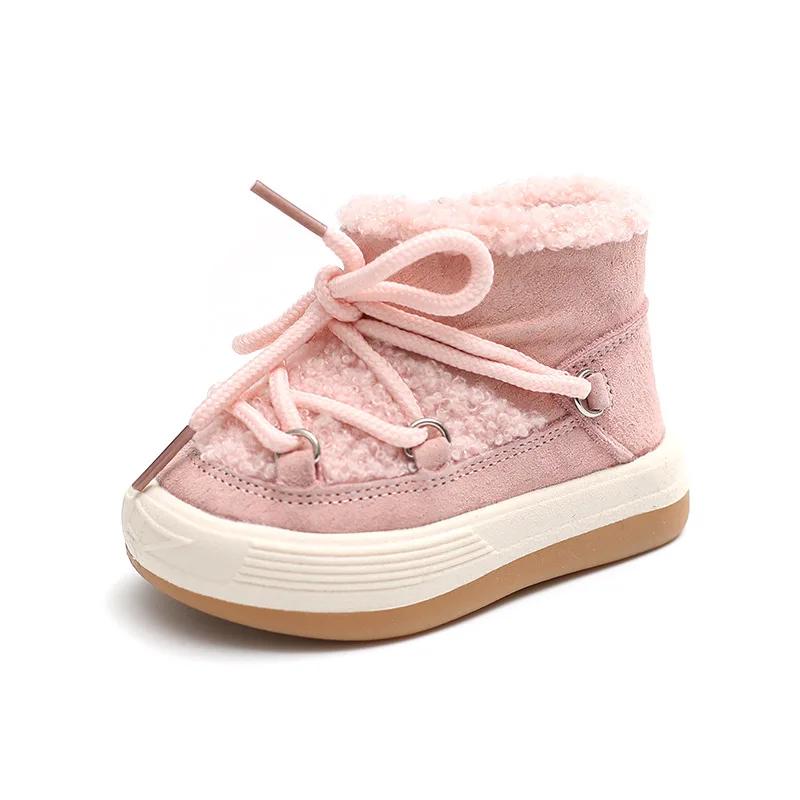 

High quality Baby Fur Boots Fashion Cross-tied Shoelace Toddler Short Boots Fluffy New Newborn Outdoor Walking Shoes Kids F10111 15 розовый