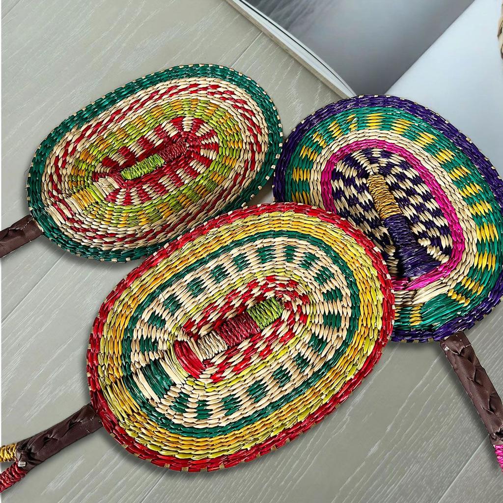 Vietnam Imports Hand Woven Seaweed Fan Oval Dopamine Daily Ins Style African Element Decoration Homestay Summer
